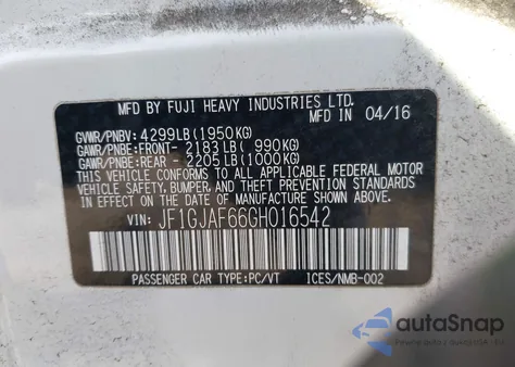 2016 Subaru Impreza 2.0I Premium из США, поврежденный, VIN JF1GJAF66GH016542